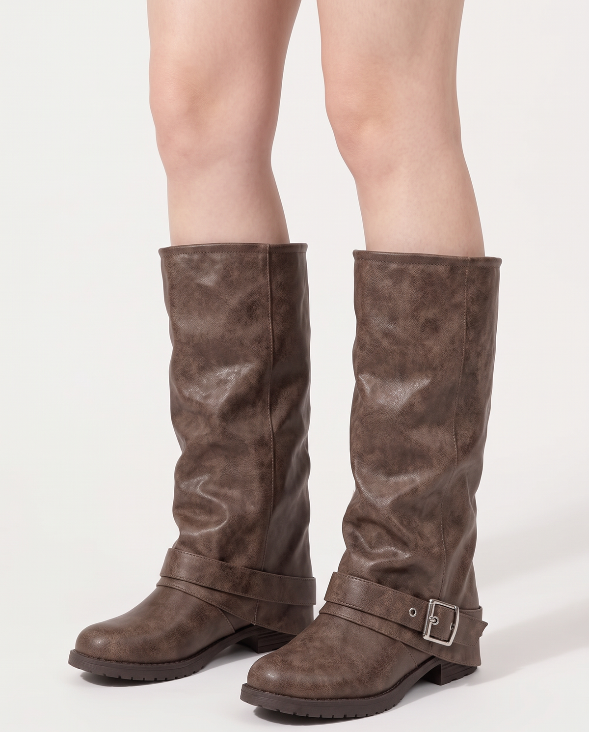 Junia brown fold-over knee boots front view