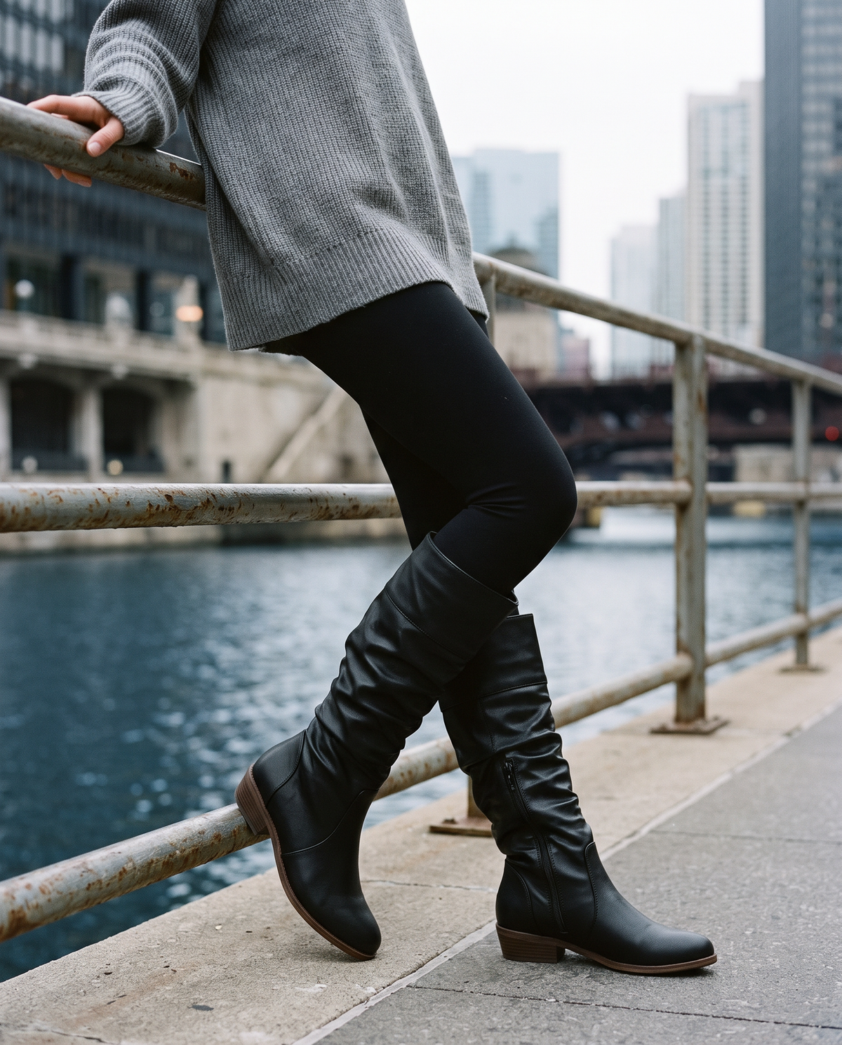 Marlena women's flat knee-high slouch boots - Black styled outfit