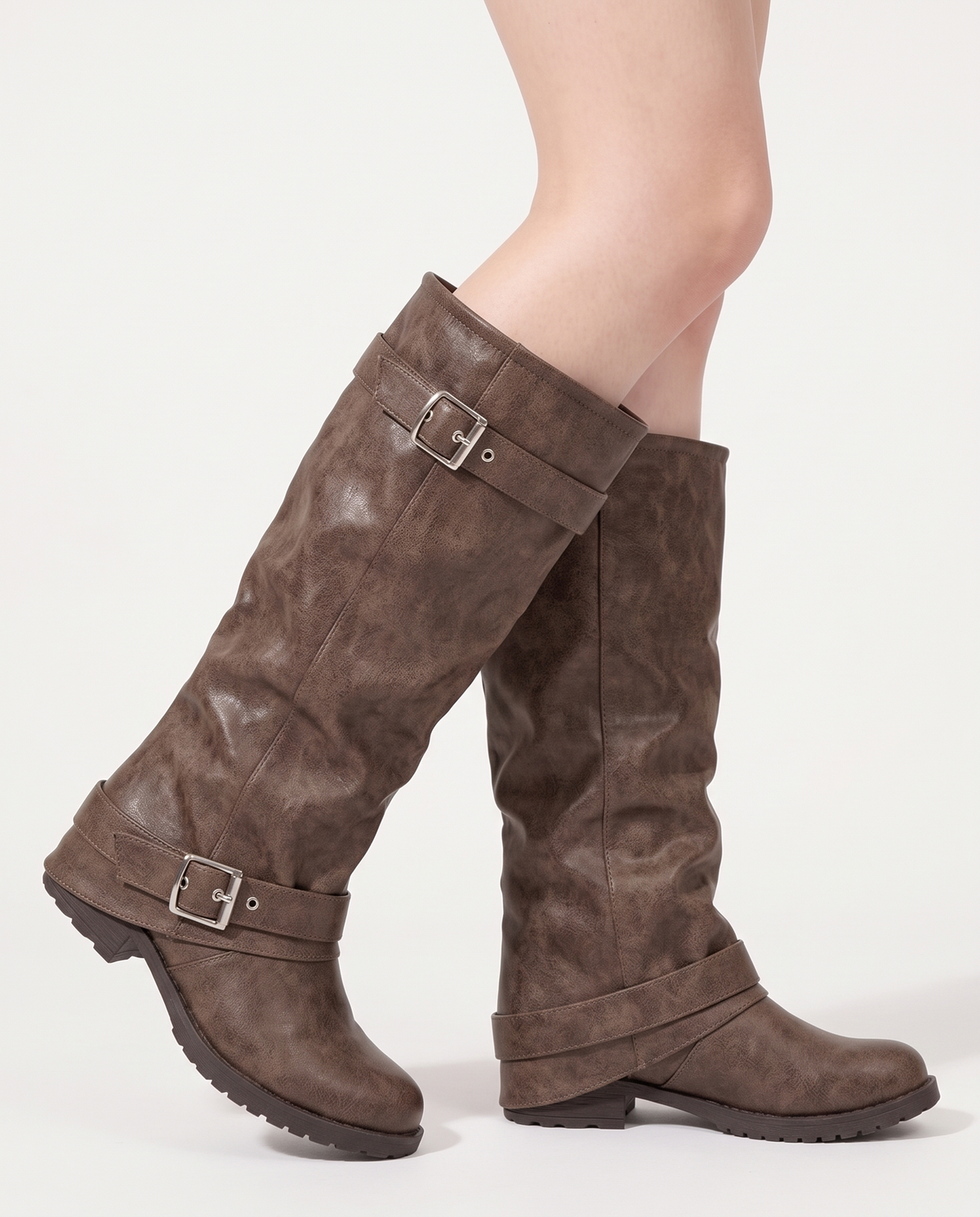 Leontine women's brown fold-over knee boots with buckle - Brown side view