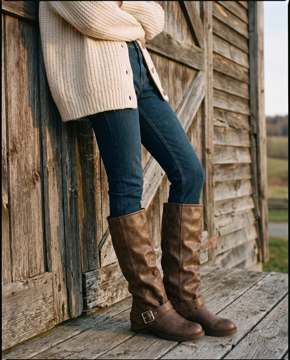 Leontine women's brown fold-over knee boots with buckle - Brown styled with jeans