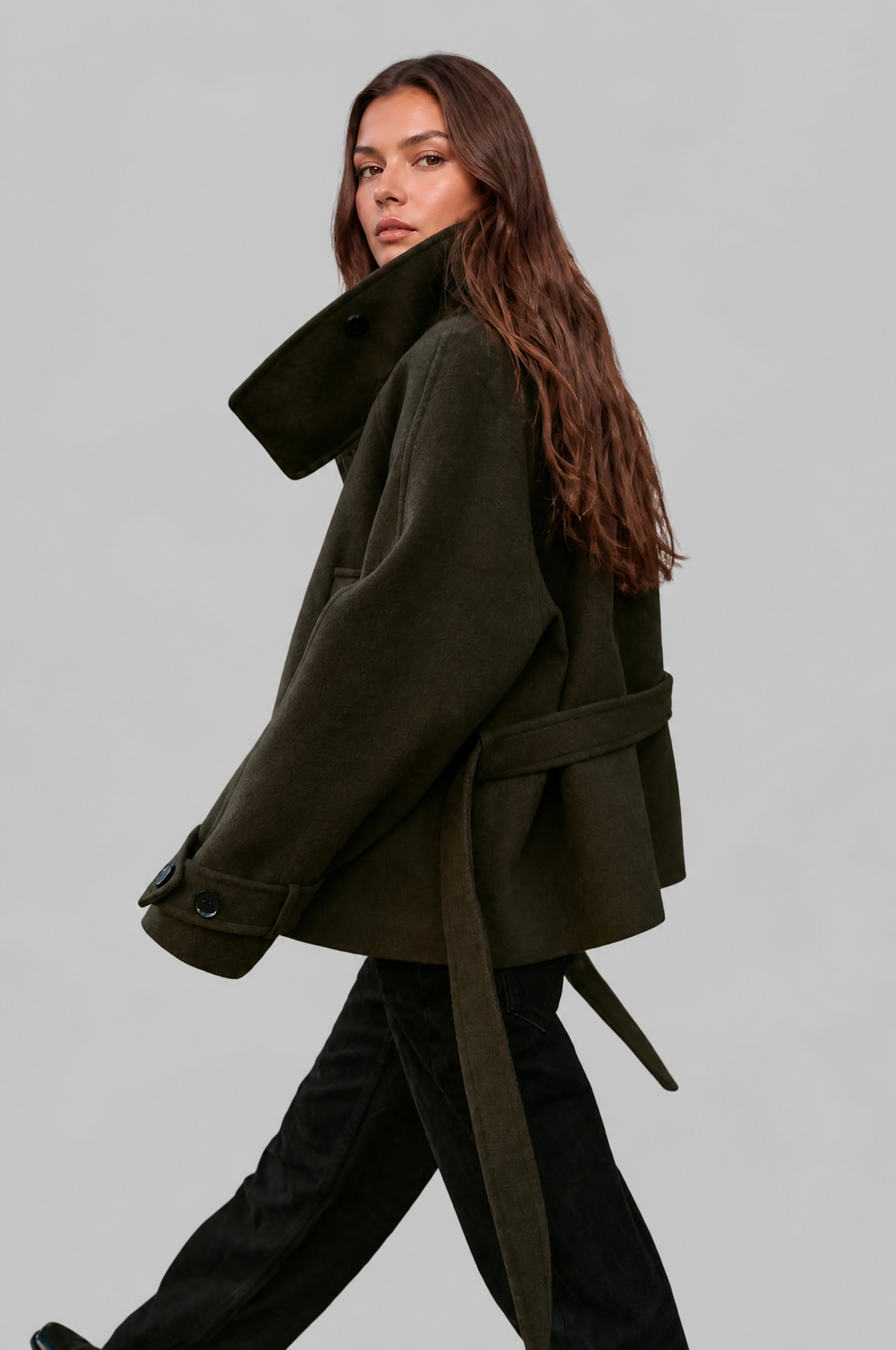 Short funnel neck belted coat for women