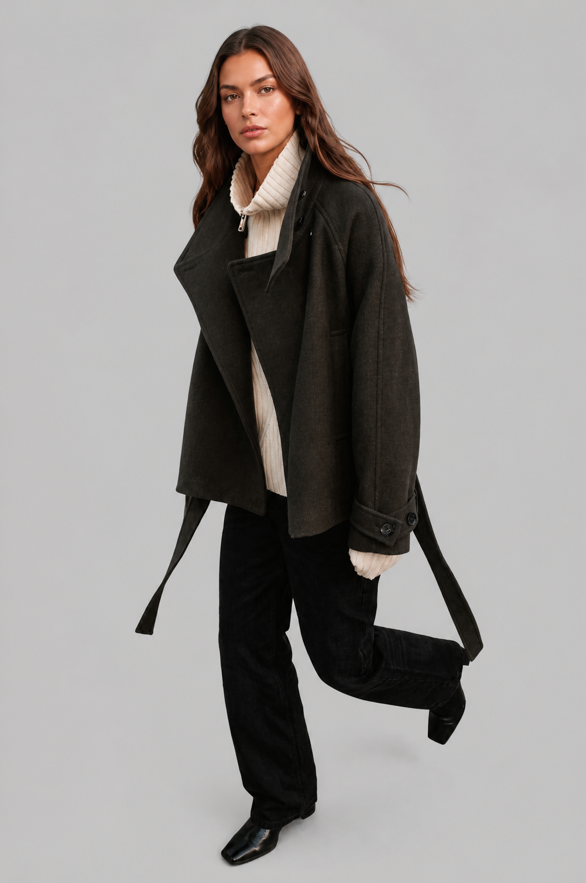 Short funnel neck belted coat for women