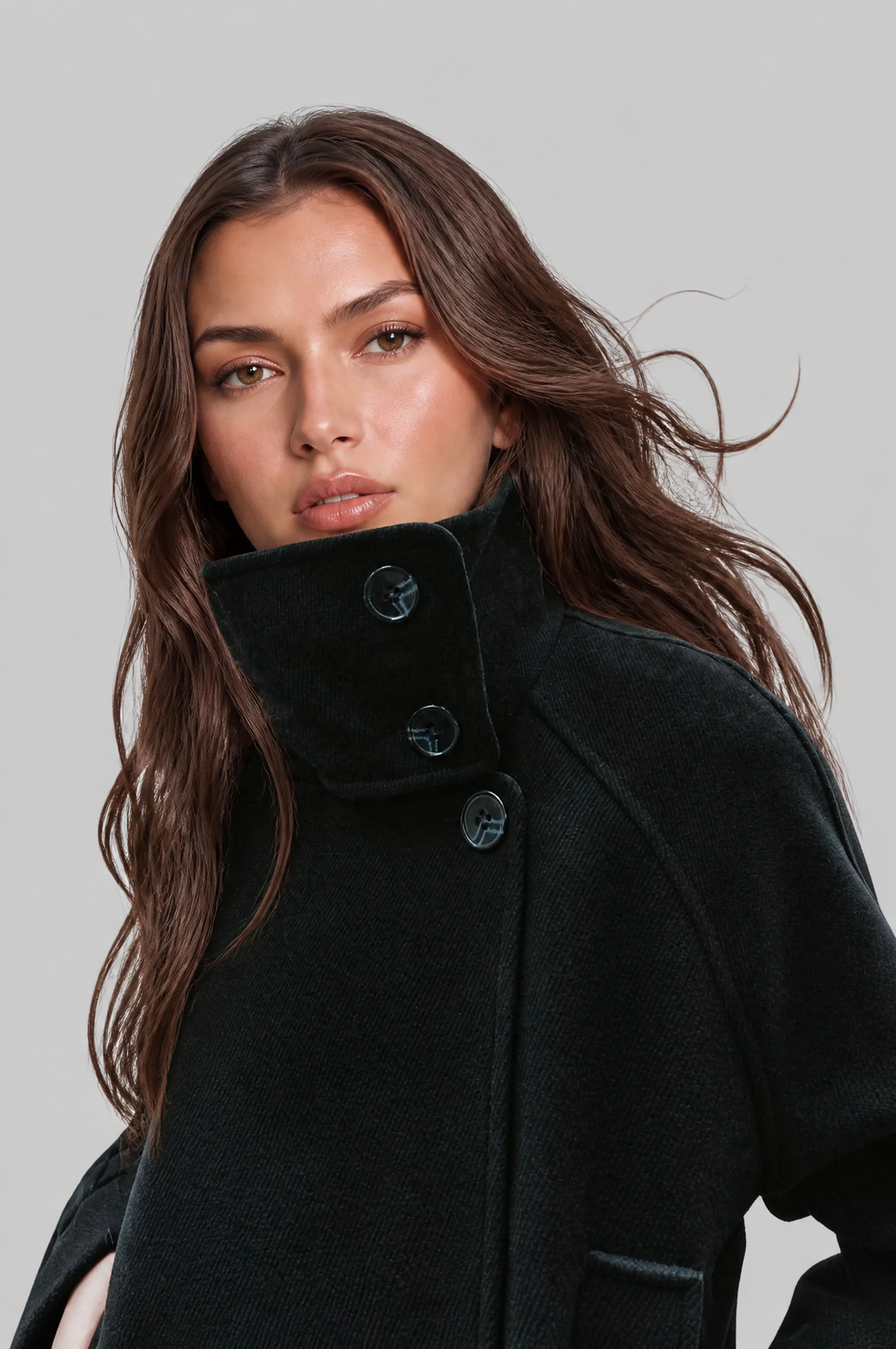 Short funnel neck belted coat for women