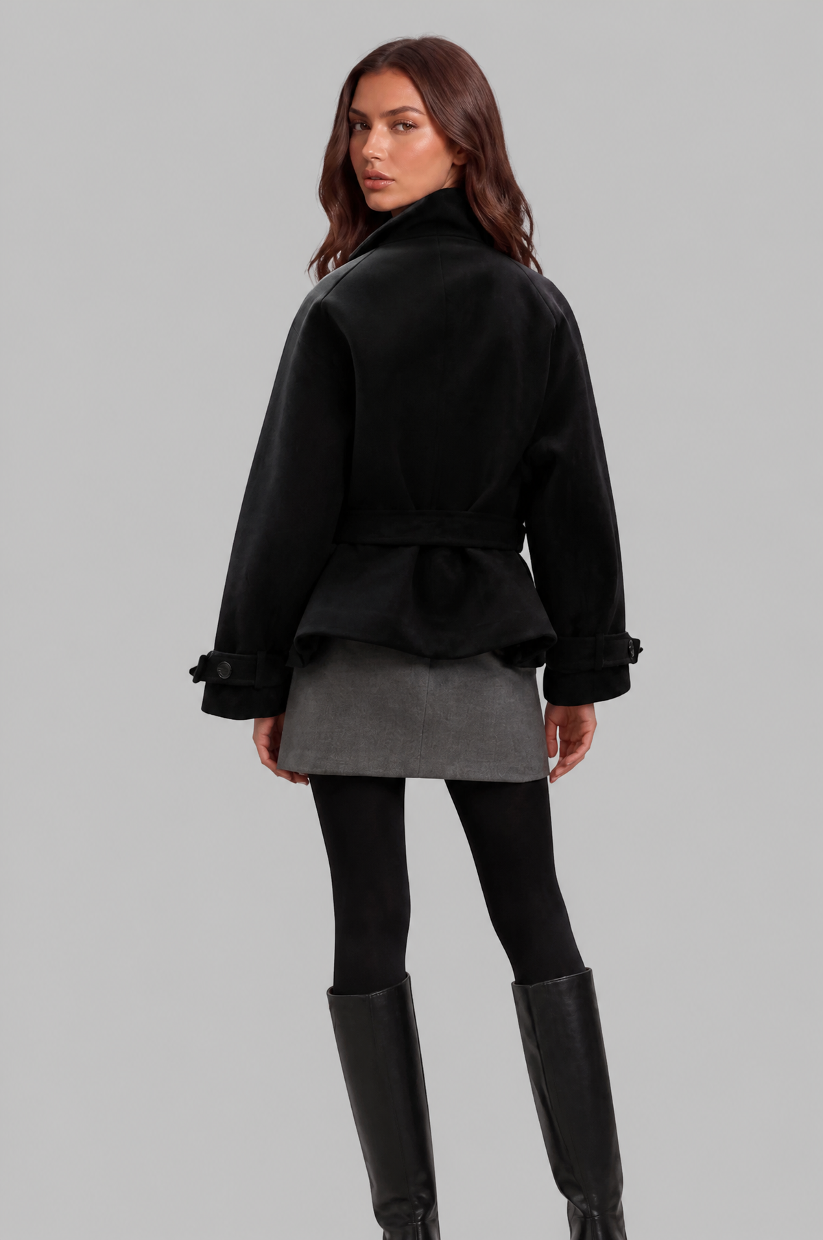 Short funnel neck belted coat for women