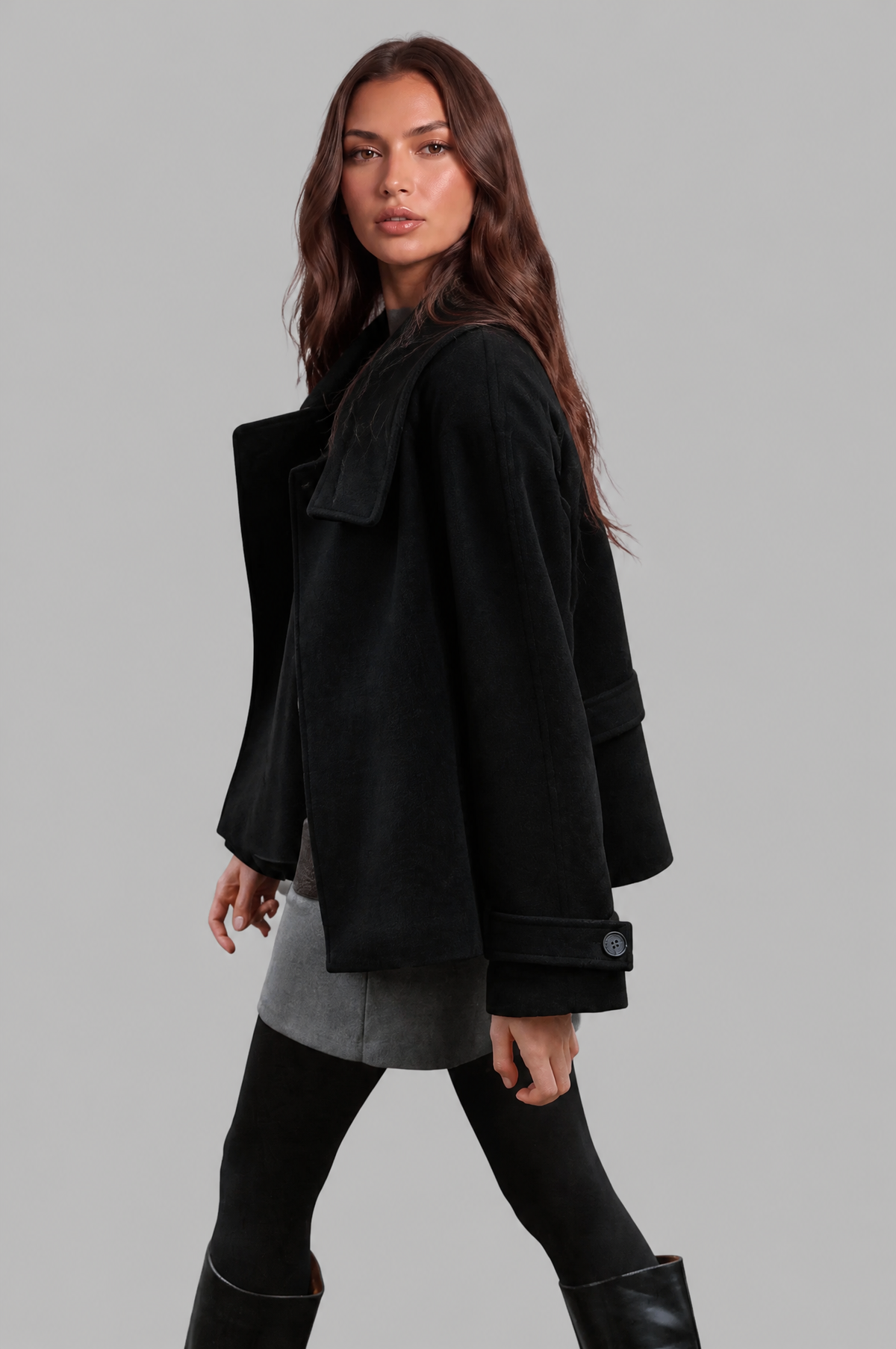Short funnel neck belted coat for women