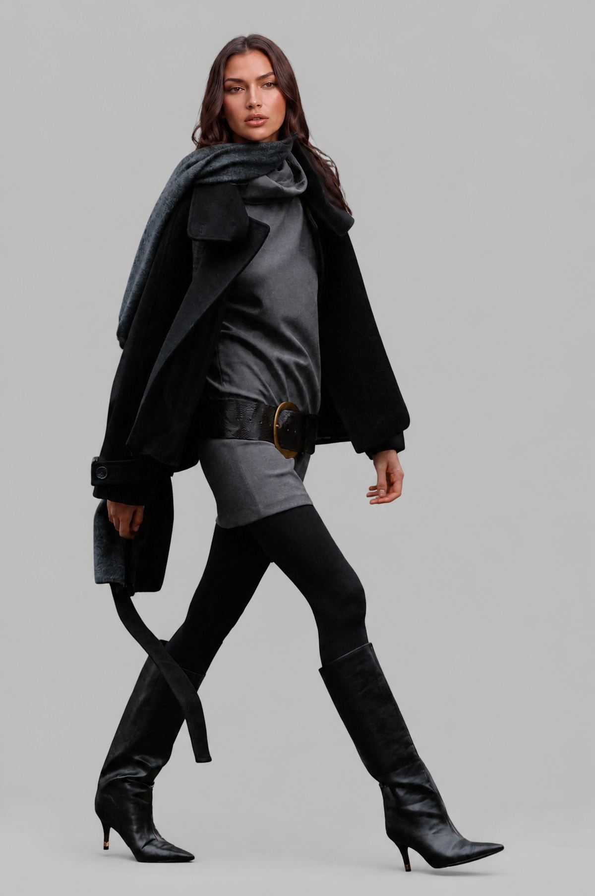 Short funnel neck belted coat for women