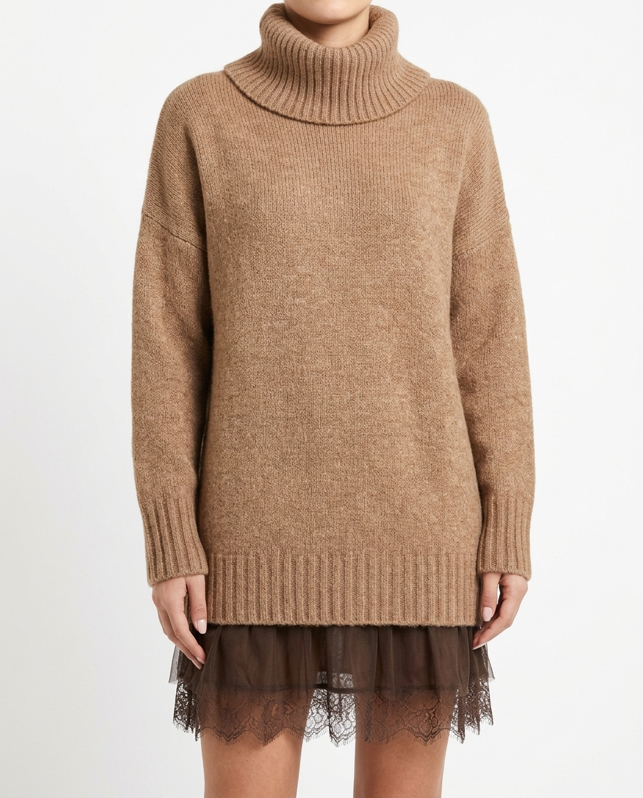 Wrenna women's lace-hem knit sweater dress - Camel