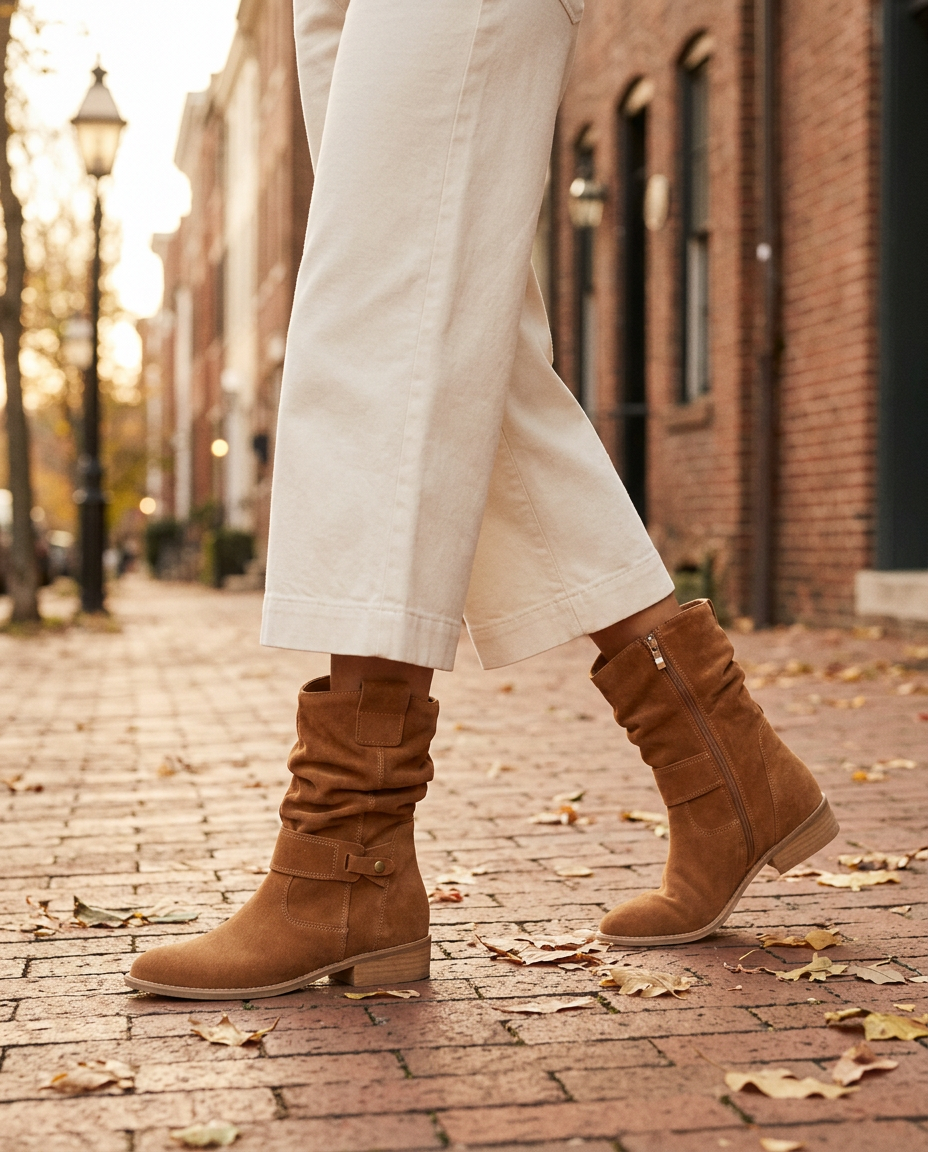 Linden women's buckled ankle slouch boots - Brown styled with cream trousers