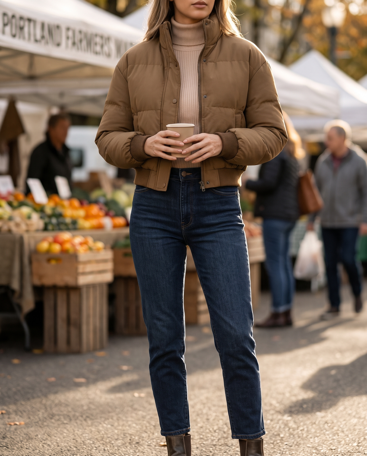 Maelle women's padded cropped bomber jacket - Brown styled with jeans