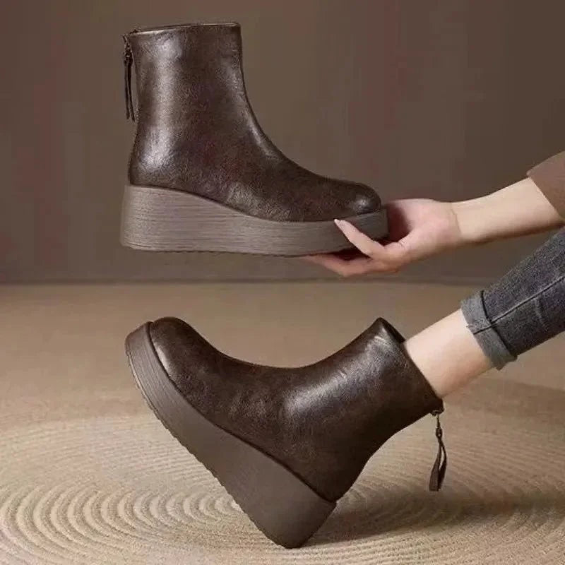Retro platform ankle wedge boots for women