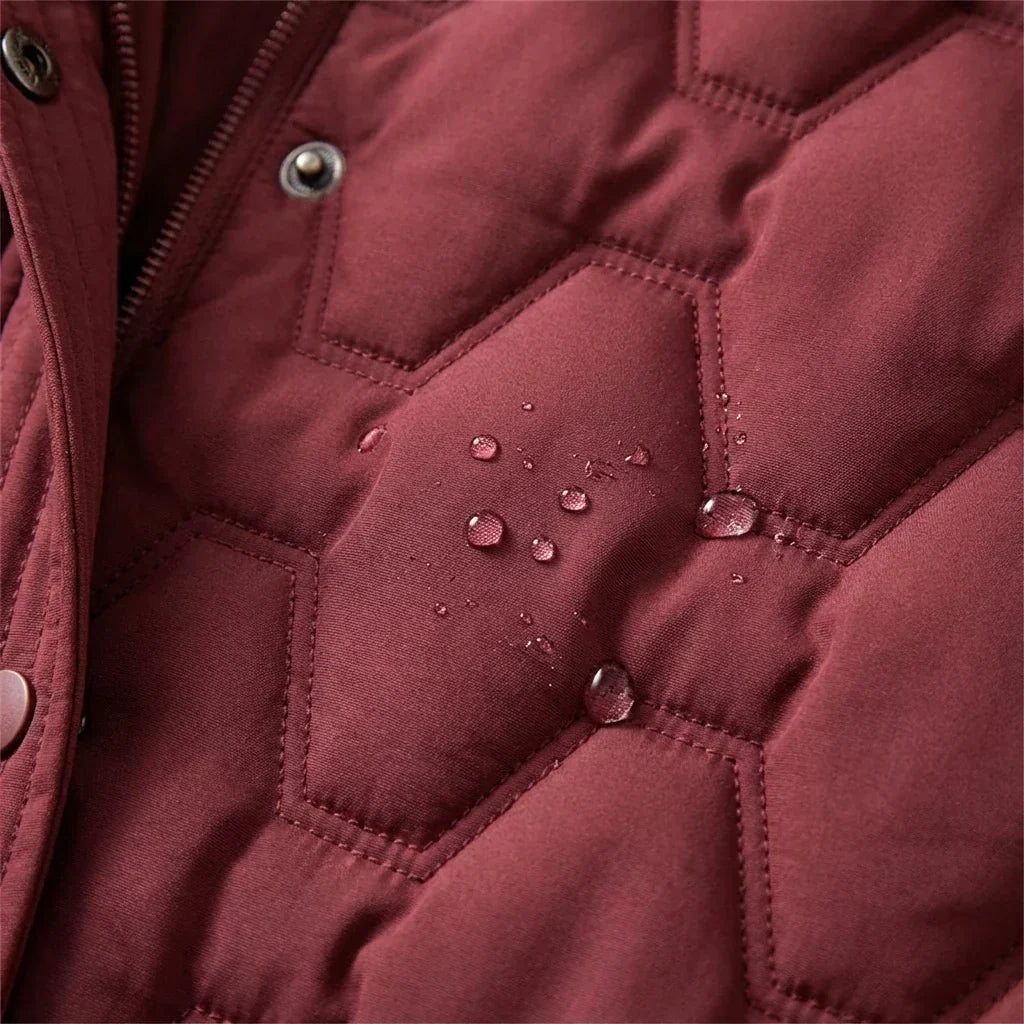 Longline hooded down coat for women in red, white, brown or black