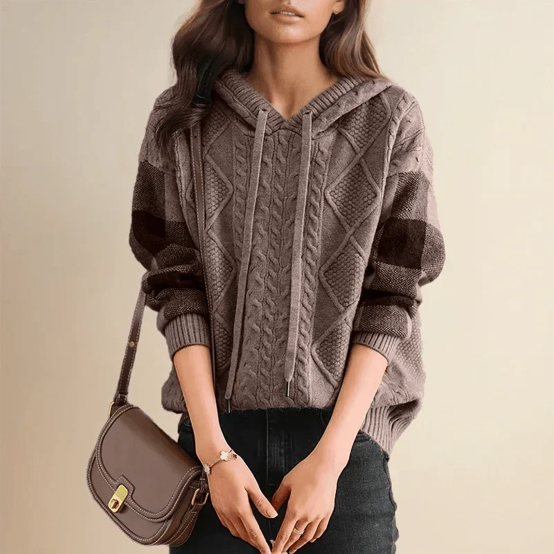 Cable knit hoodie with plaid sleeves for women