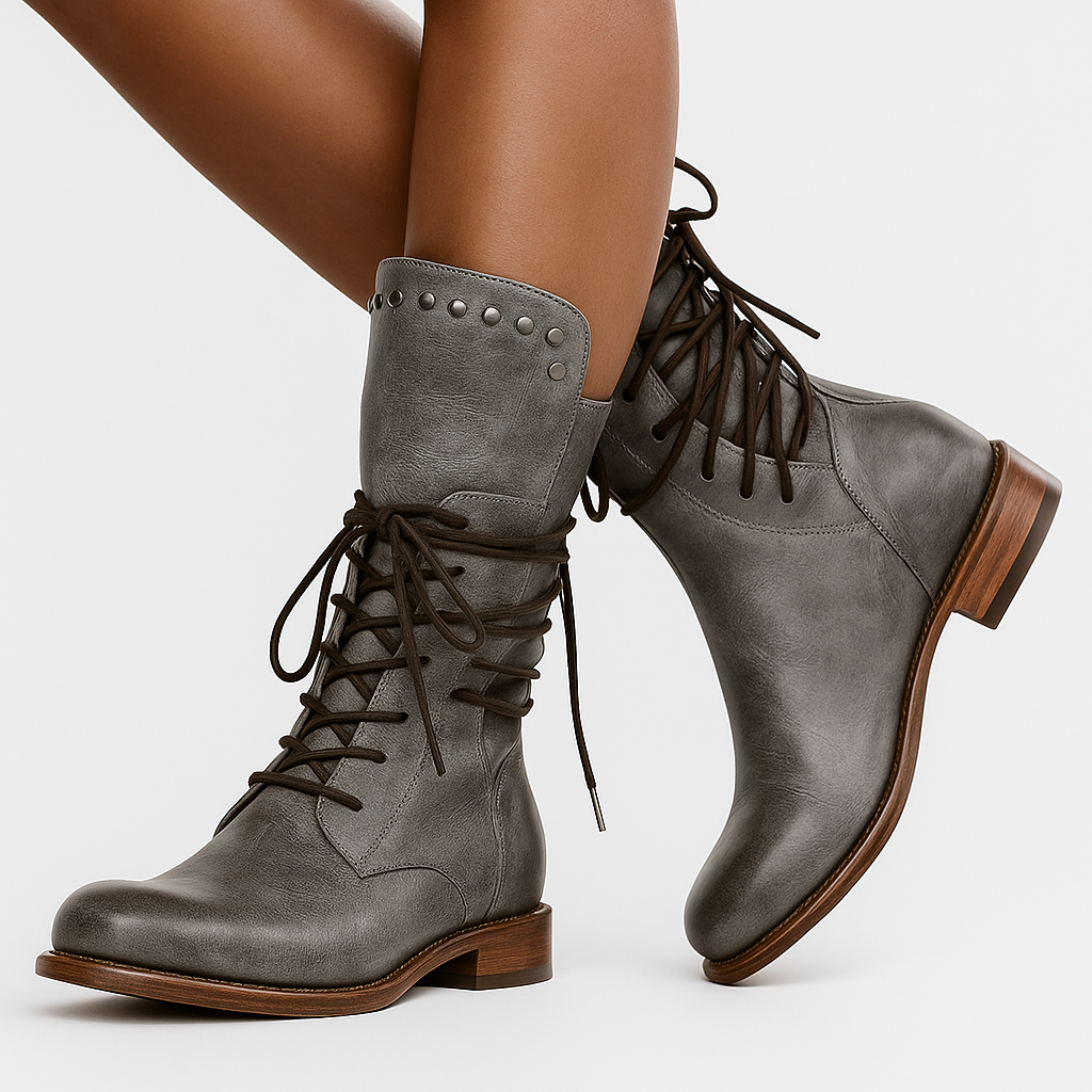 Lace-up mid-calf leather boots for women