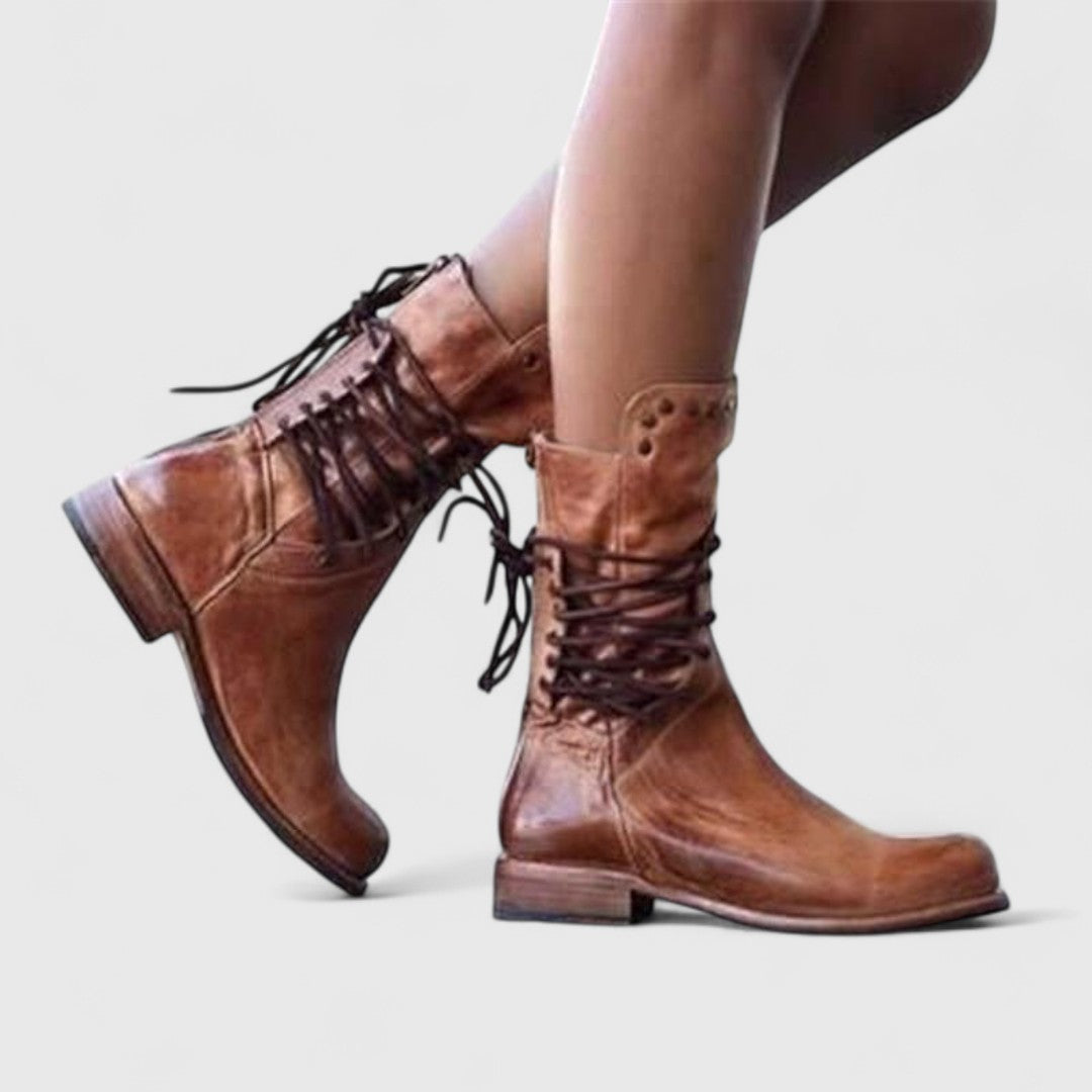 Lace-up mid-calf leather boots for women