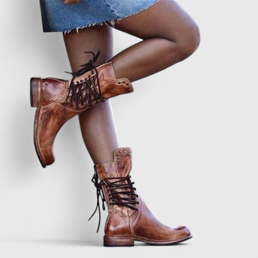 Lace-up mid-calf leather boots for women
