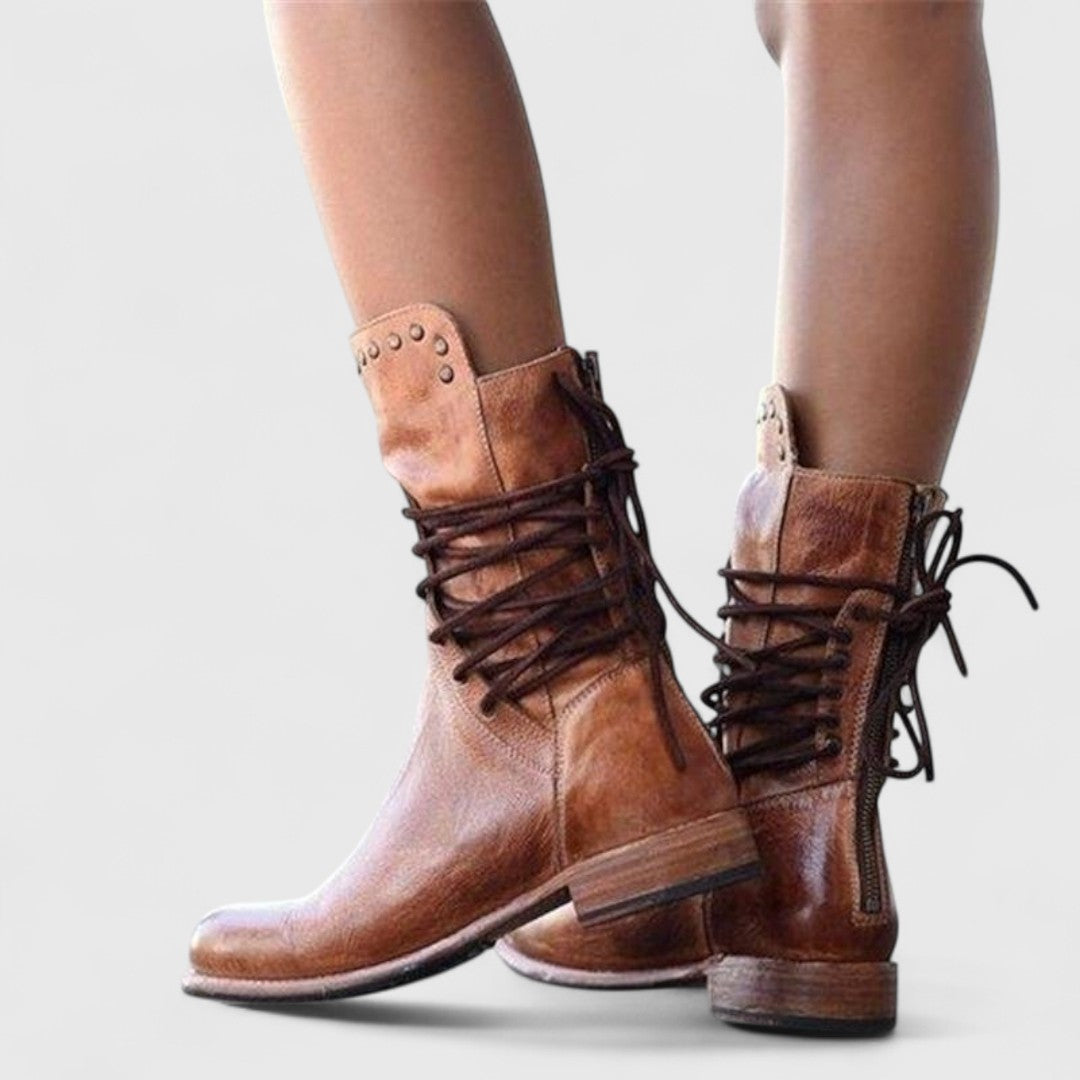 Lace-up mid-calf leather boots for women
