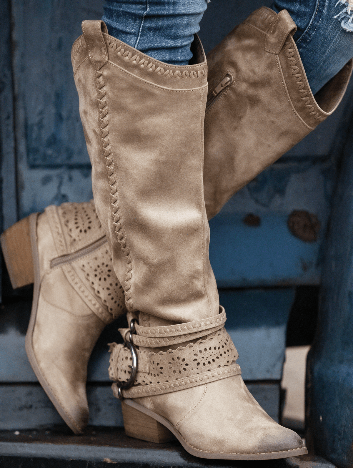 Laser-cut knee-high western buckle boots for women
