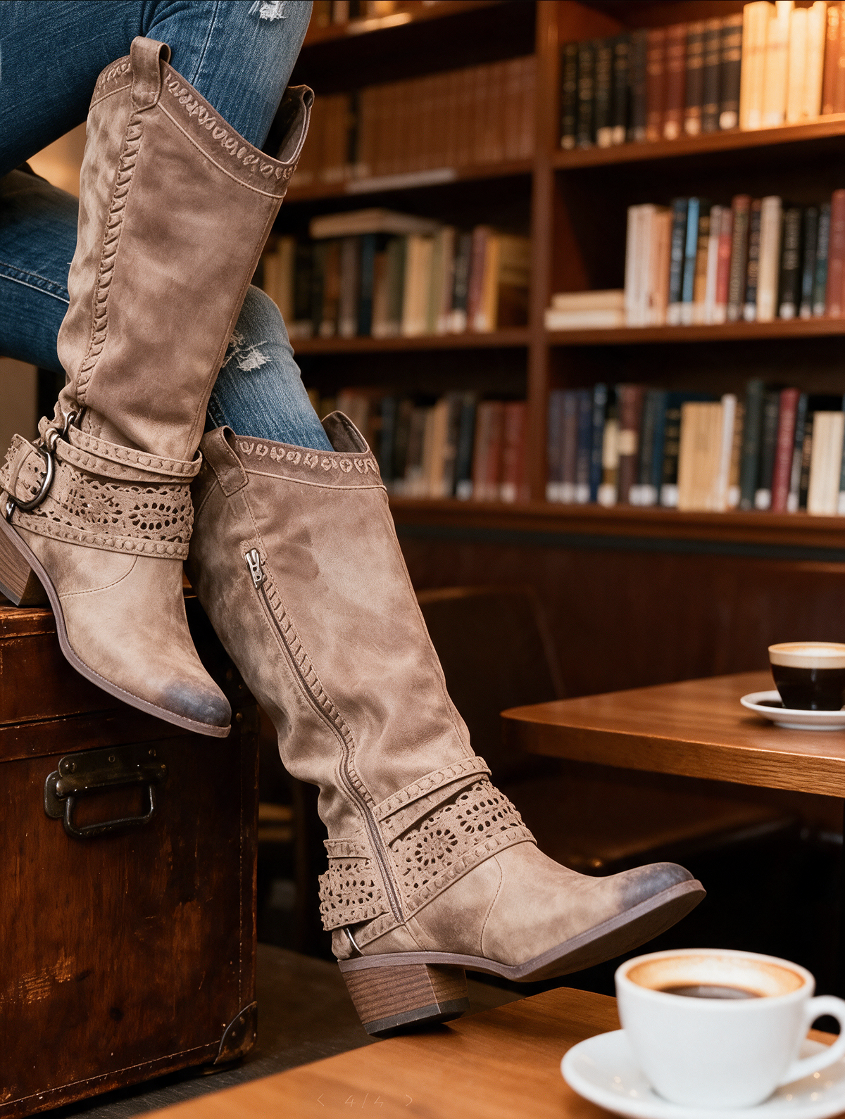 Laser-cut knee-high western buckle boots for women