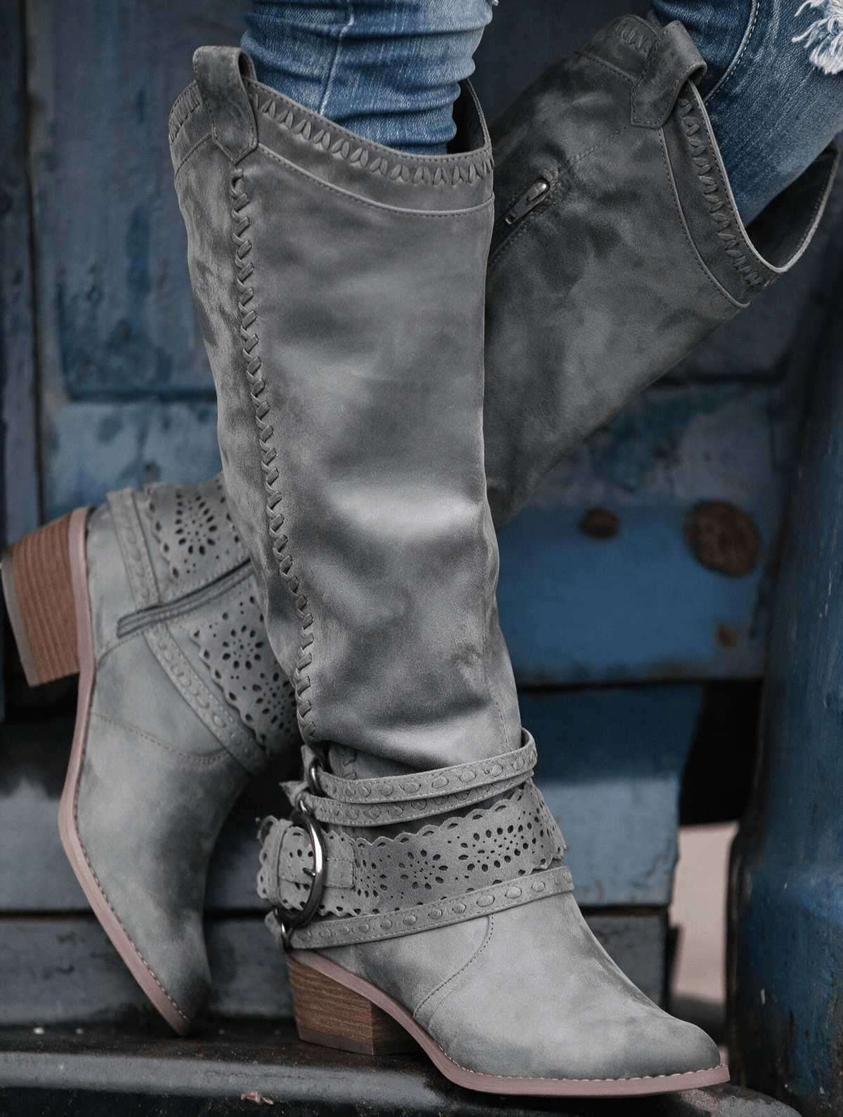 Laser-cut knee-high western buckle boots for women