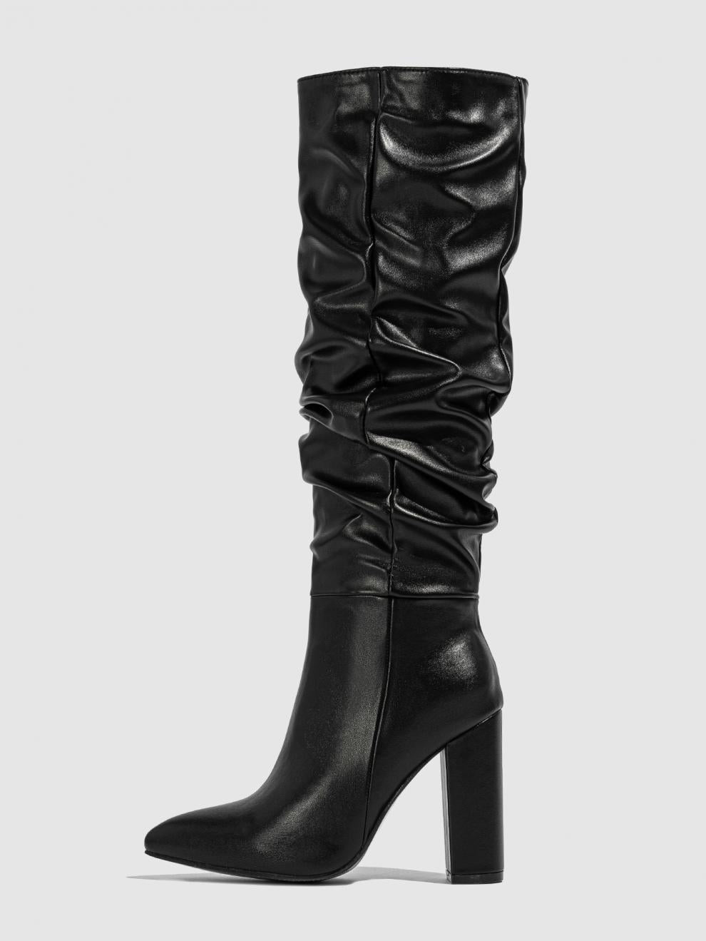 Ruched leather-look block heel slouch boots for women