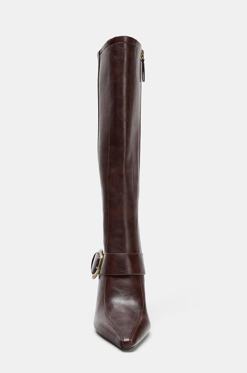 Buckled pointed toe knee-high boots for women