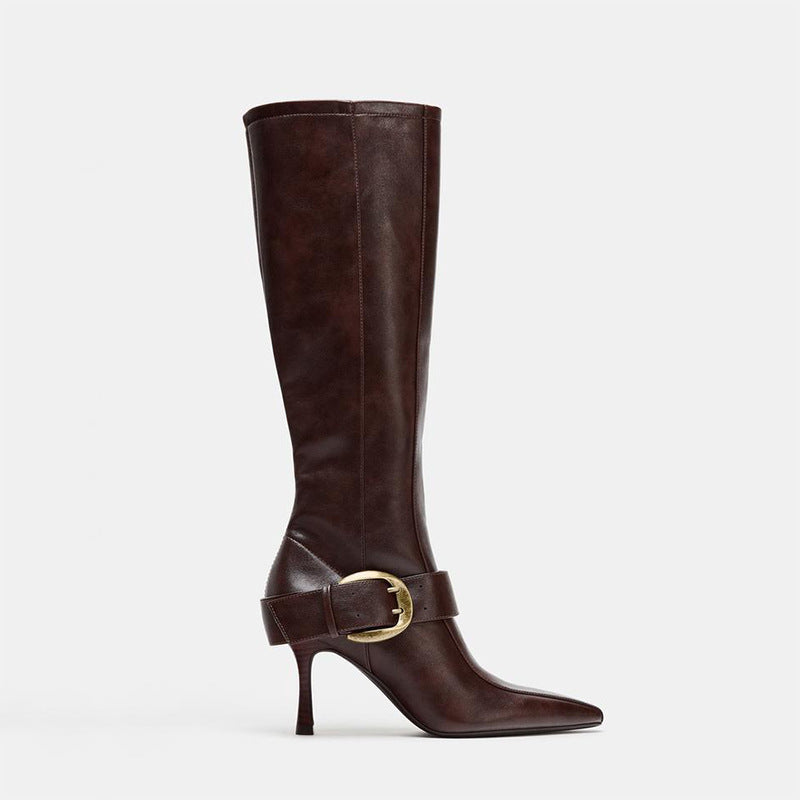 Buckled pointed toe knee-high boots for women