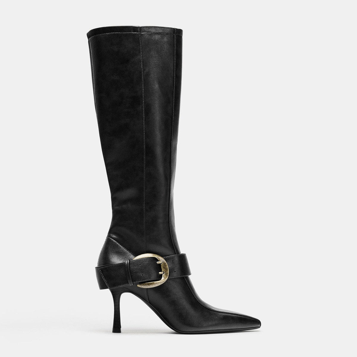 Buckled pointed toe knee-high boots for women
