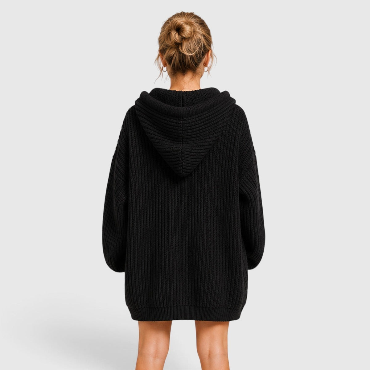 Black oversized chunky knit V-neck hoodie for women