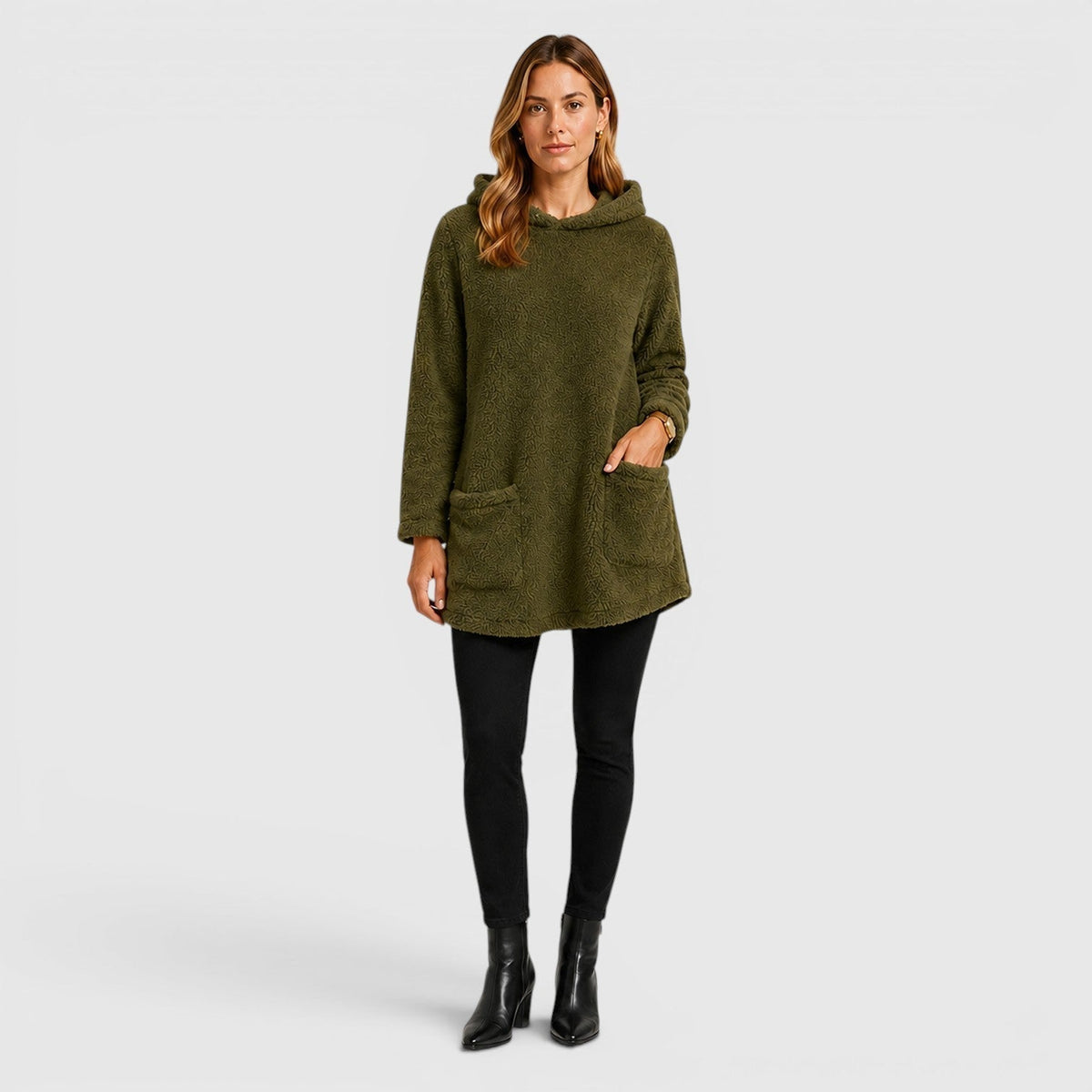 Olive green textured fleece tunic hoodie for women