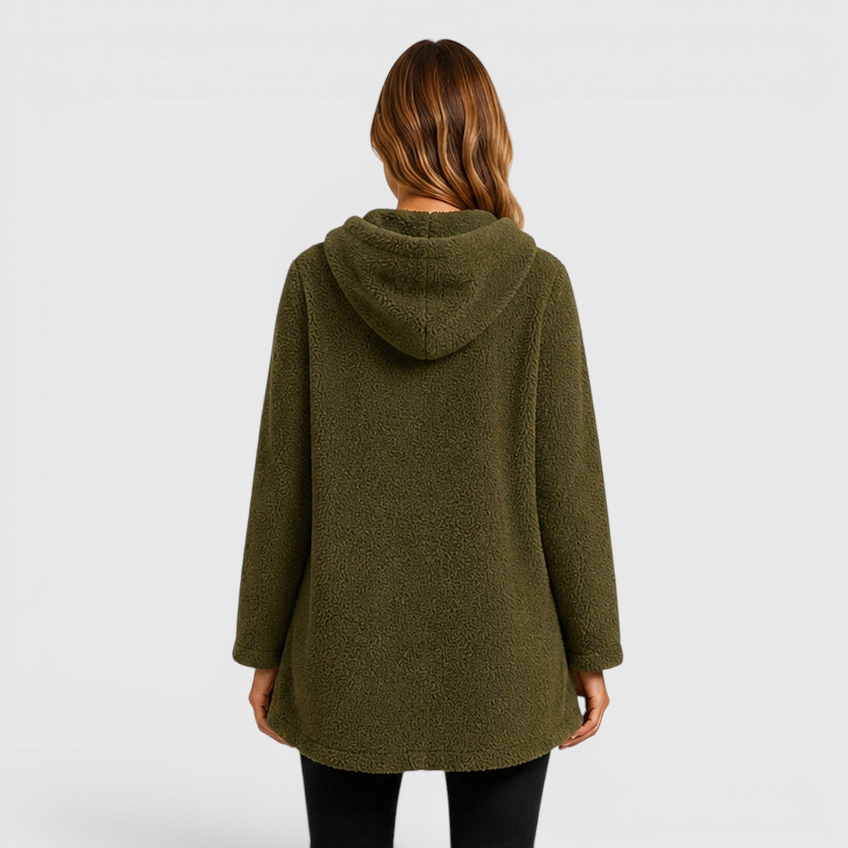 Olive green textured fleece tunic hoodie for women