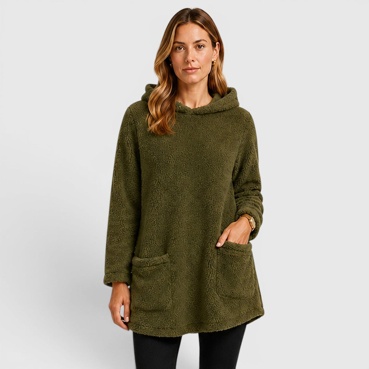Olive green textured fleece tunic hoodie for women