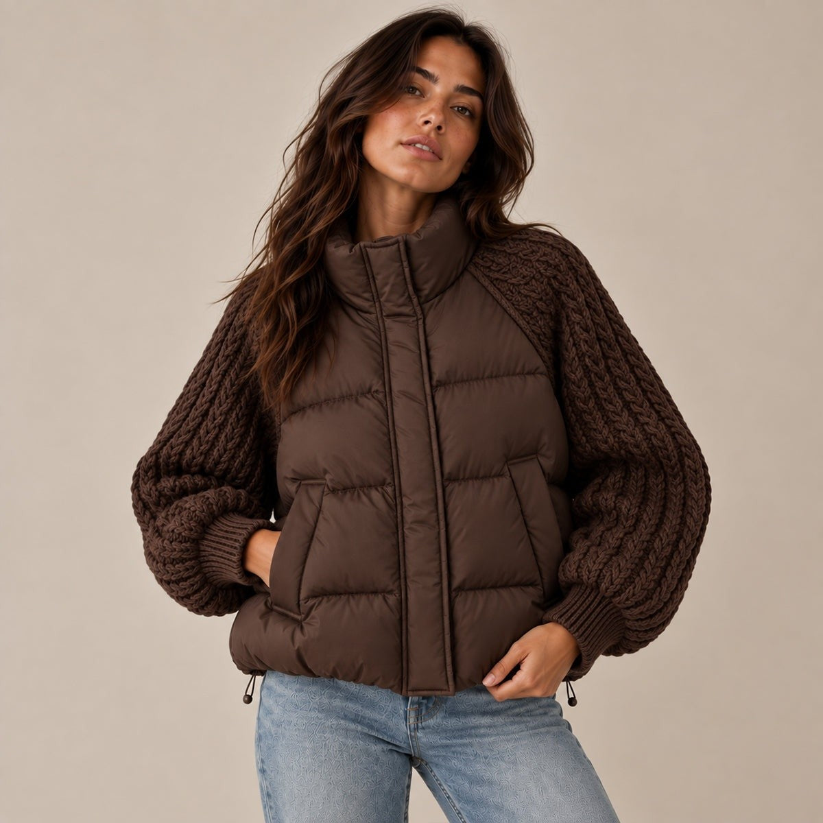 Cable knit sleeve cropped puffer jacket for women