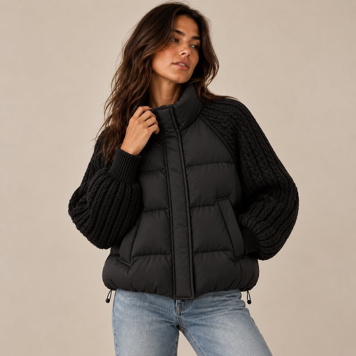 Cable knit sleeve cropped puffer jacket for women