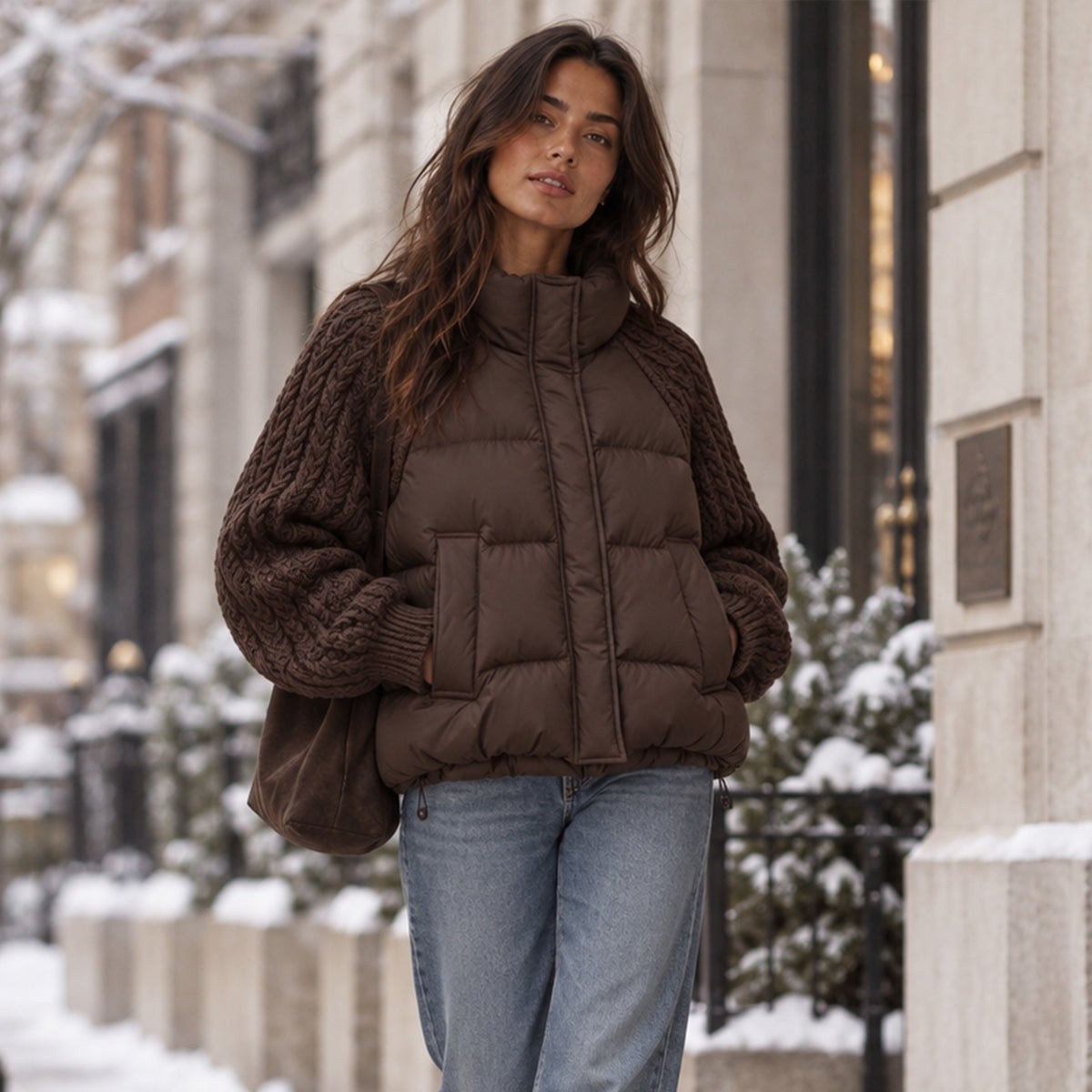 Cable knit sleeve cropped puffer jacket for women