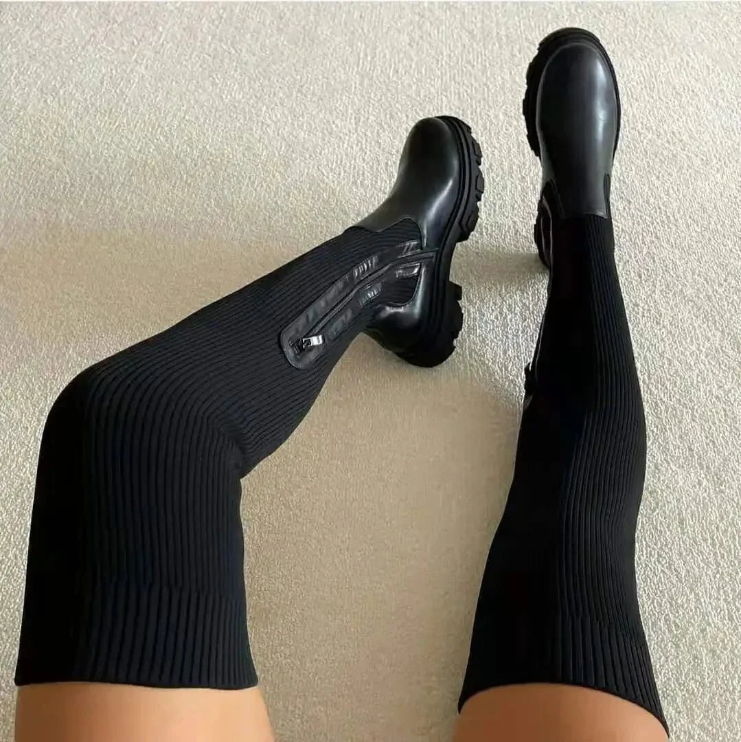 Thigh high sock boots in black for women
