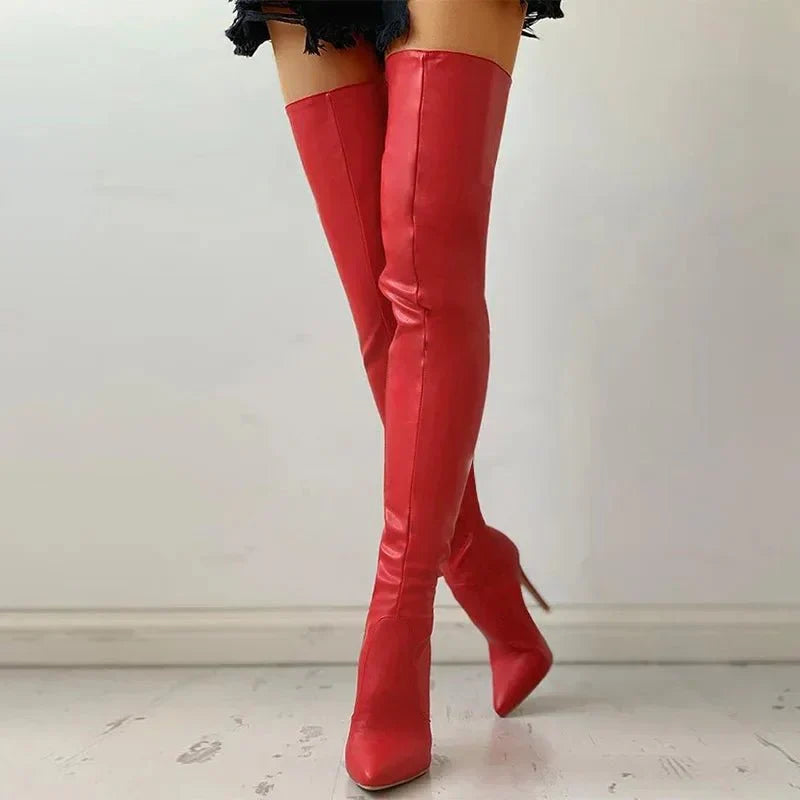 Thigh high stiletto boots in red for women