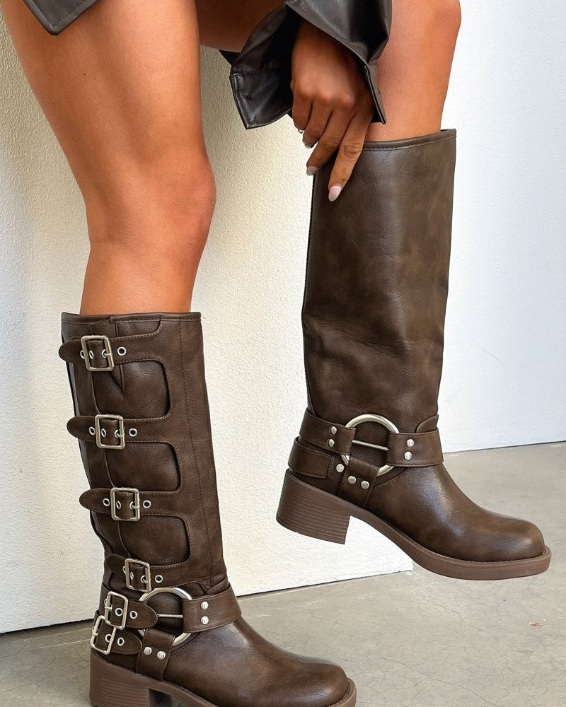 Harness buckle knee-high boots in brown for women