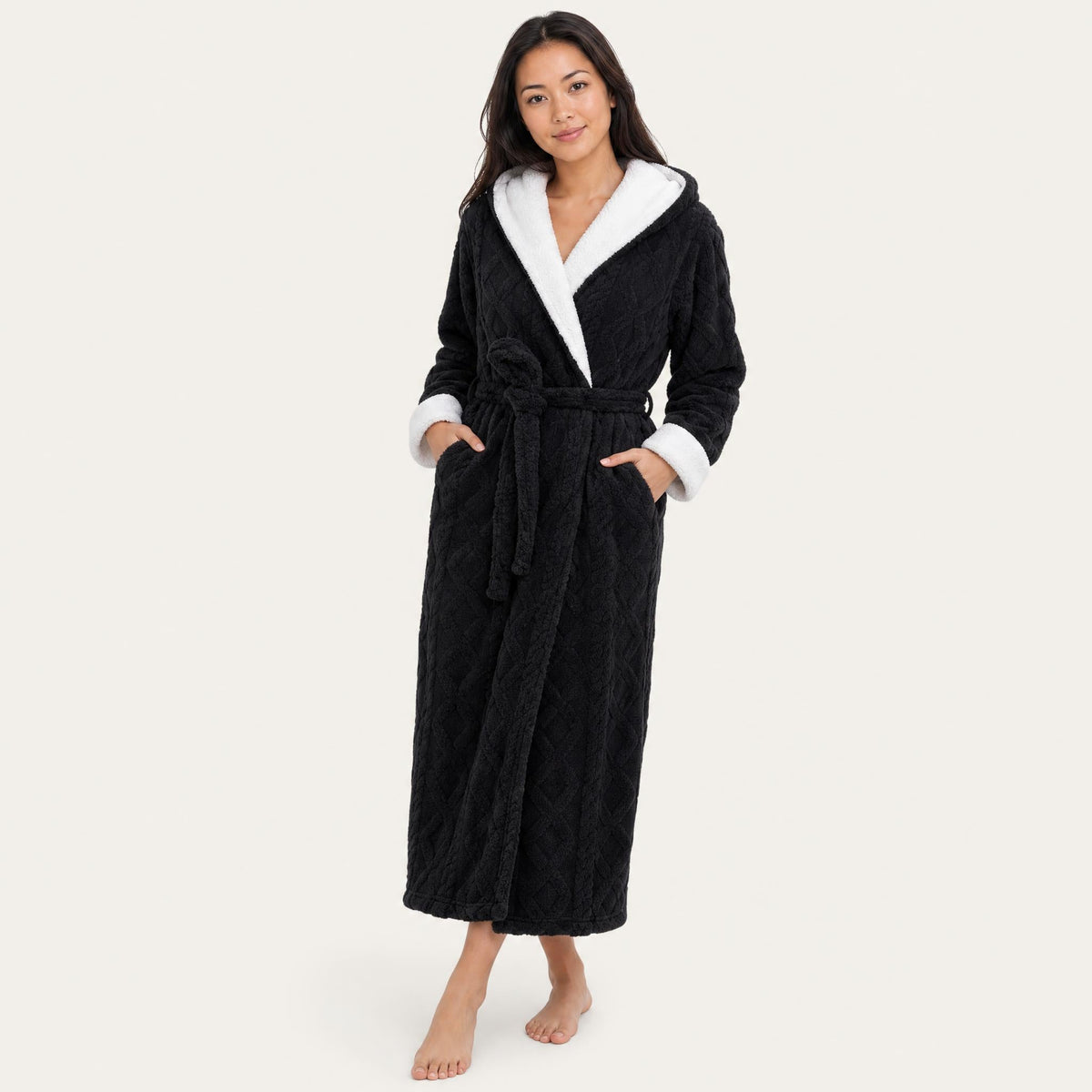 Hooded sherpa trim fleece robe for women