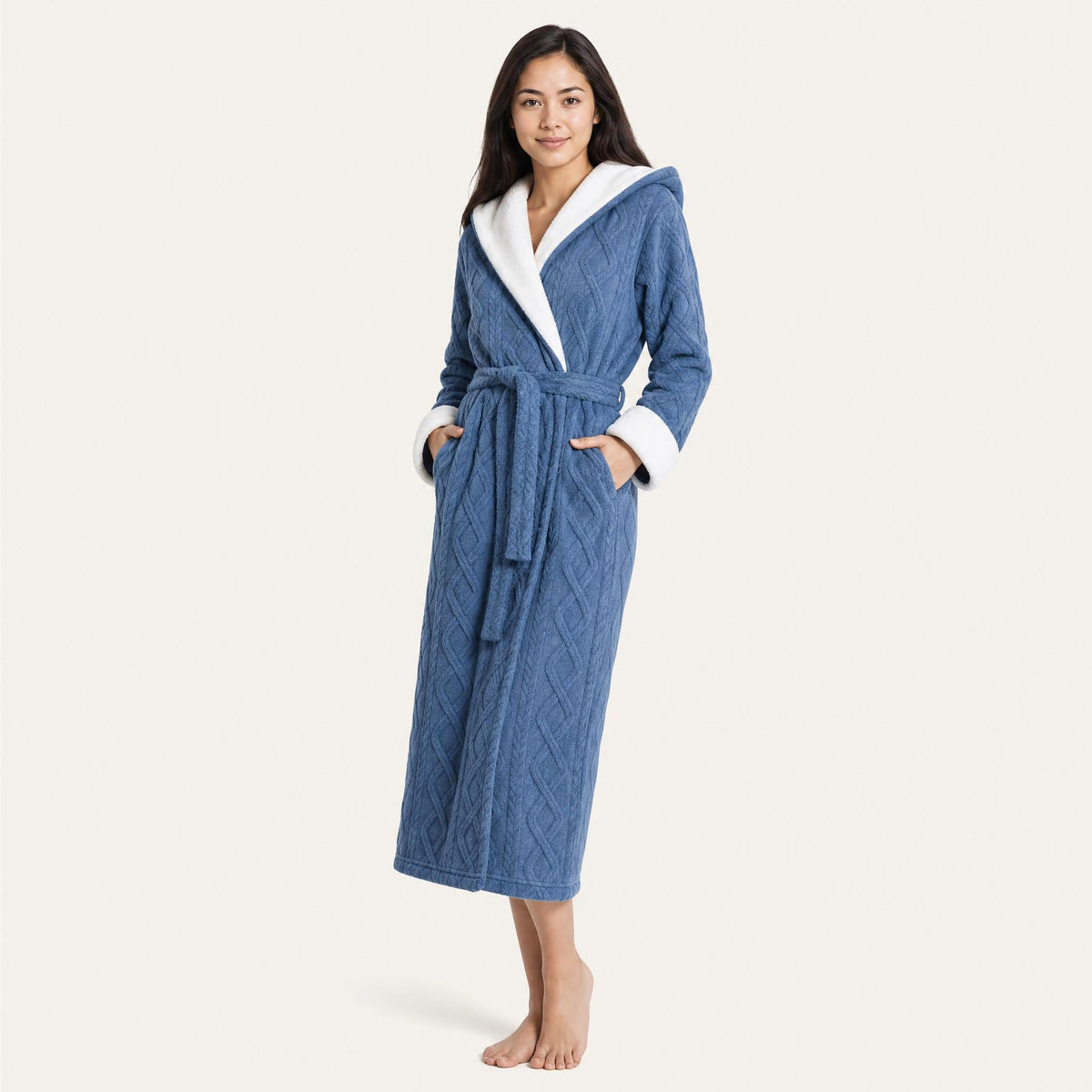 Hooded sherpa trim fleece robe for women