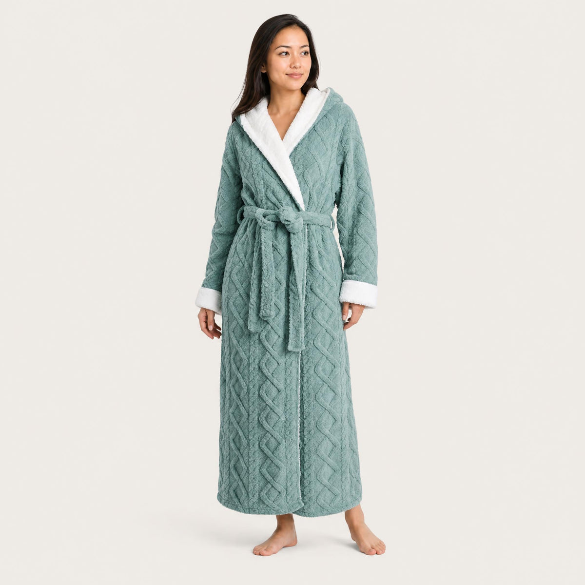 Hooded sherpa trim fleece robe for women