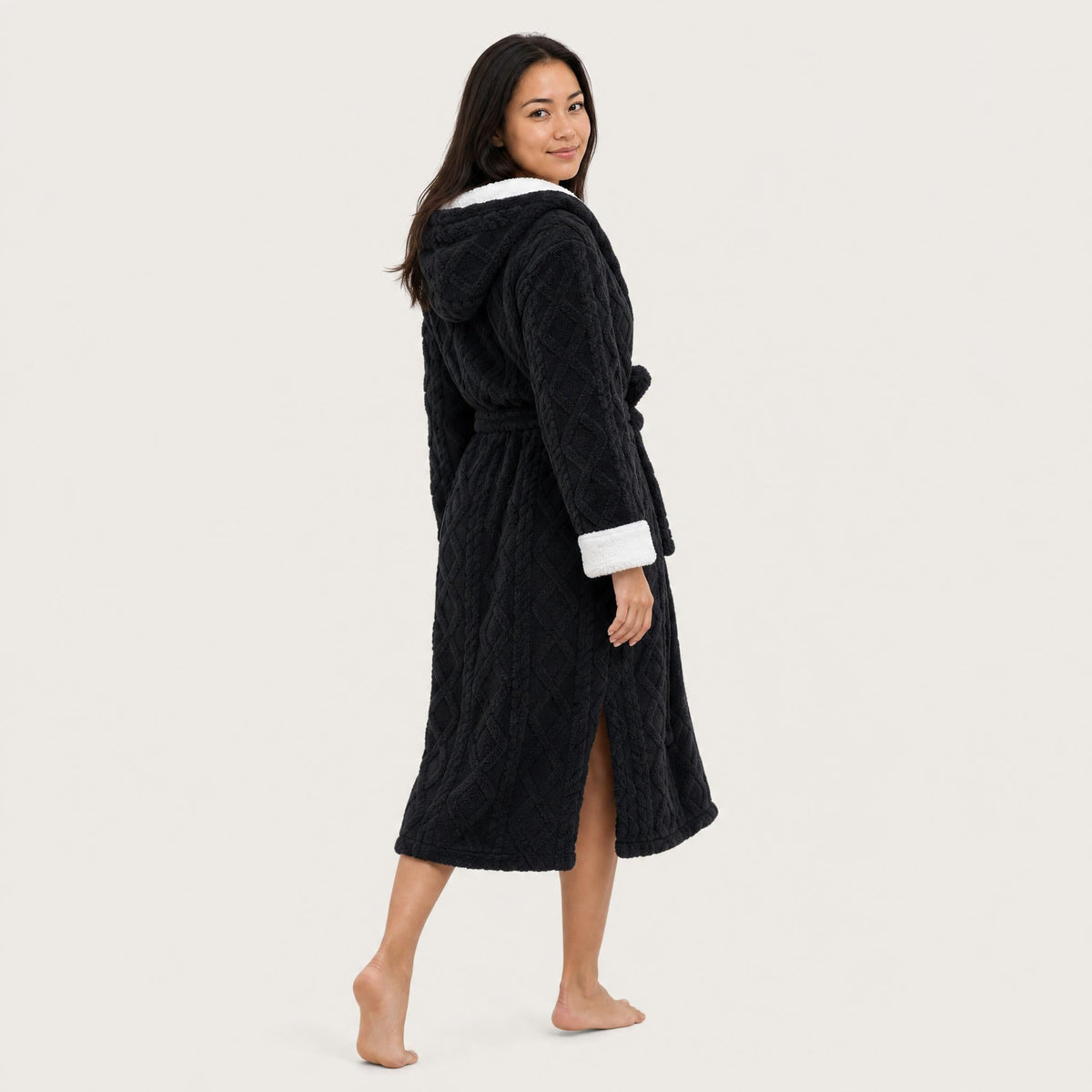 Hooded sherpa trim fleece robe for women