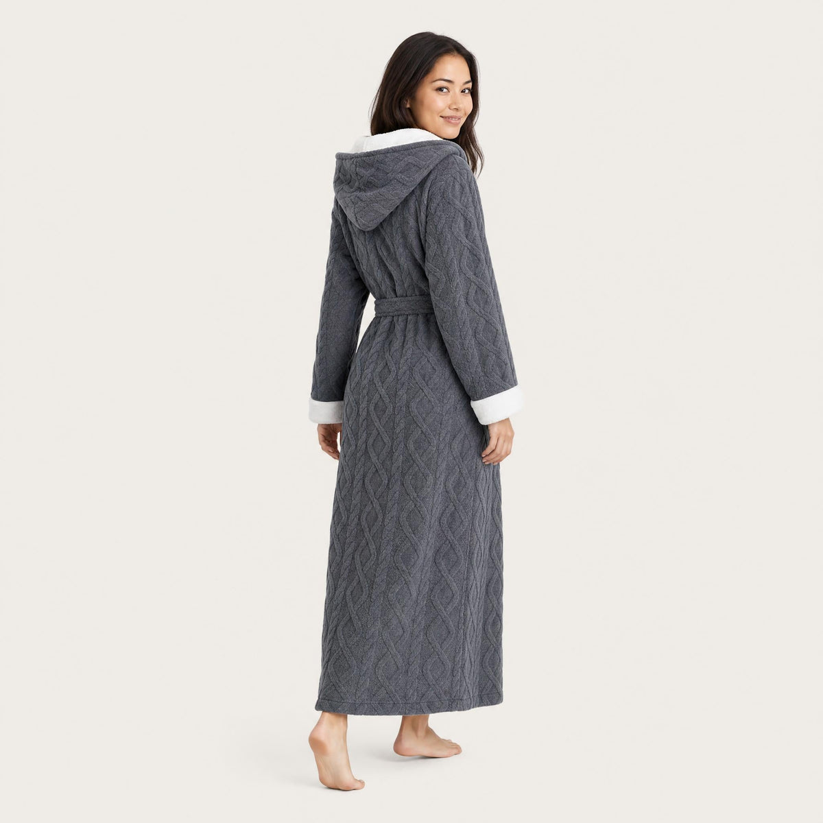 Hooded sherpa trim fleece robe for women
