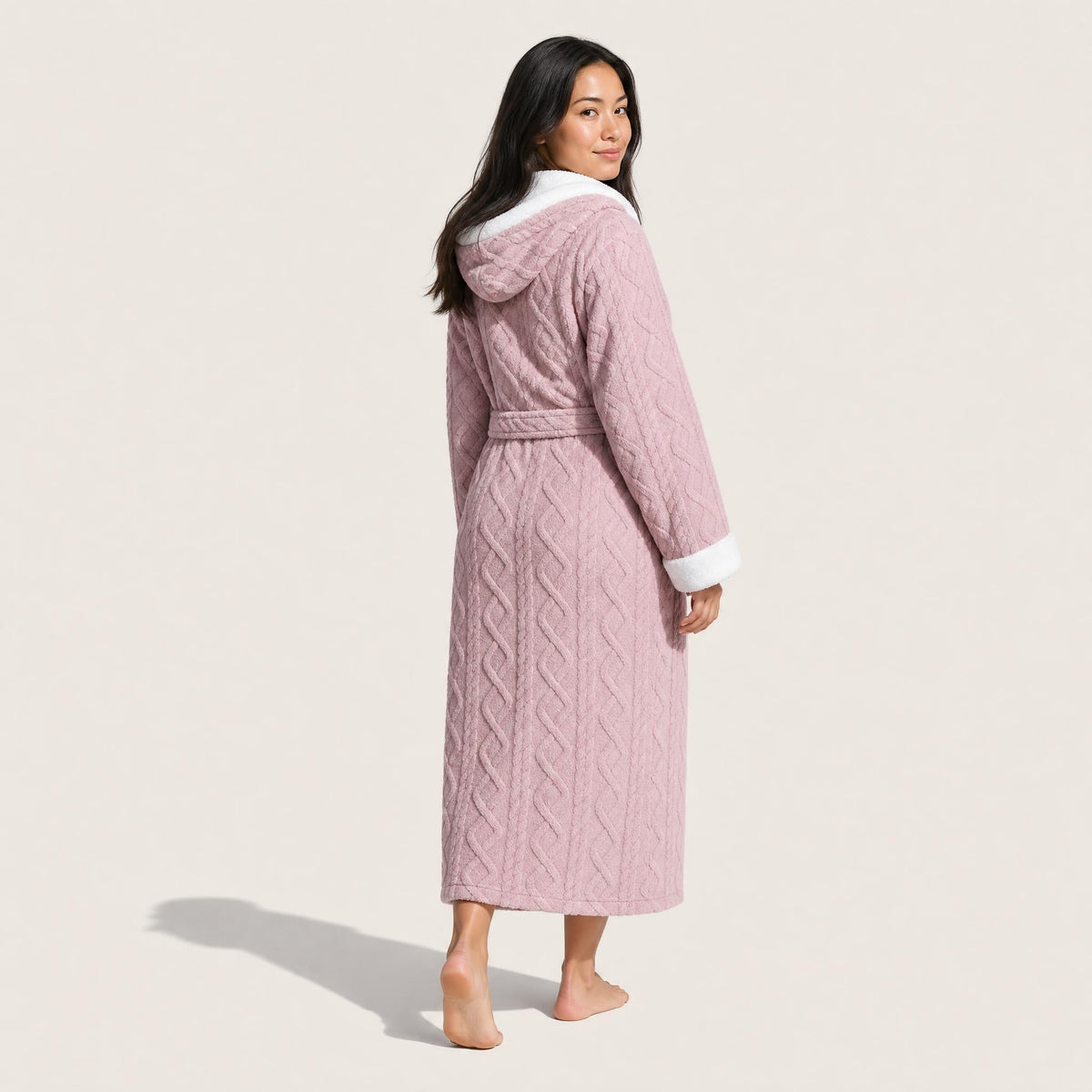 Hooded sherpa trim fleece robe for women