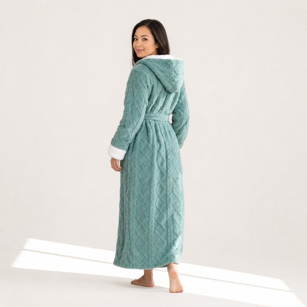 Hooded sherpa trim fleece robe for women