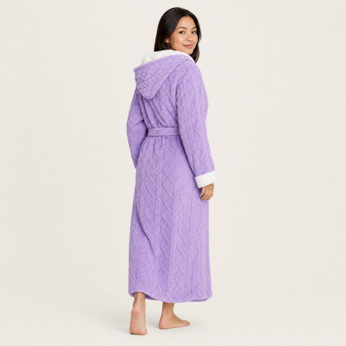 Hooded sherpa trim fleece robe for women