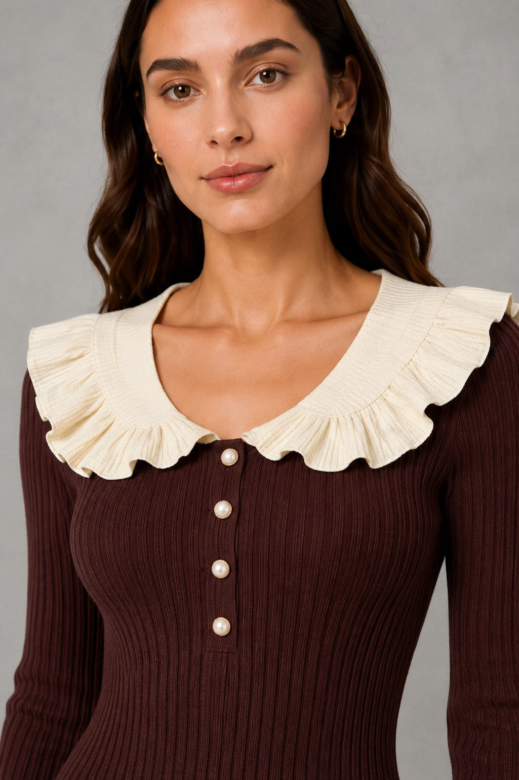 Collared midi ruffle sweater dress for women