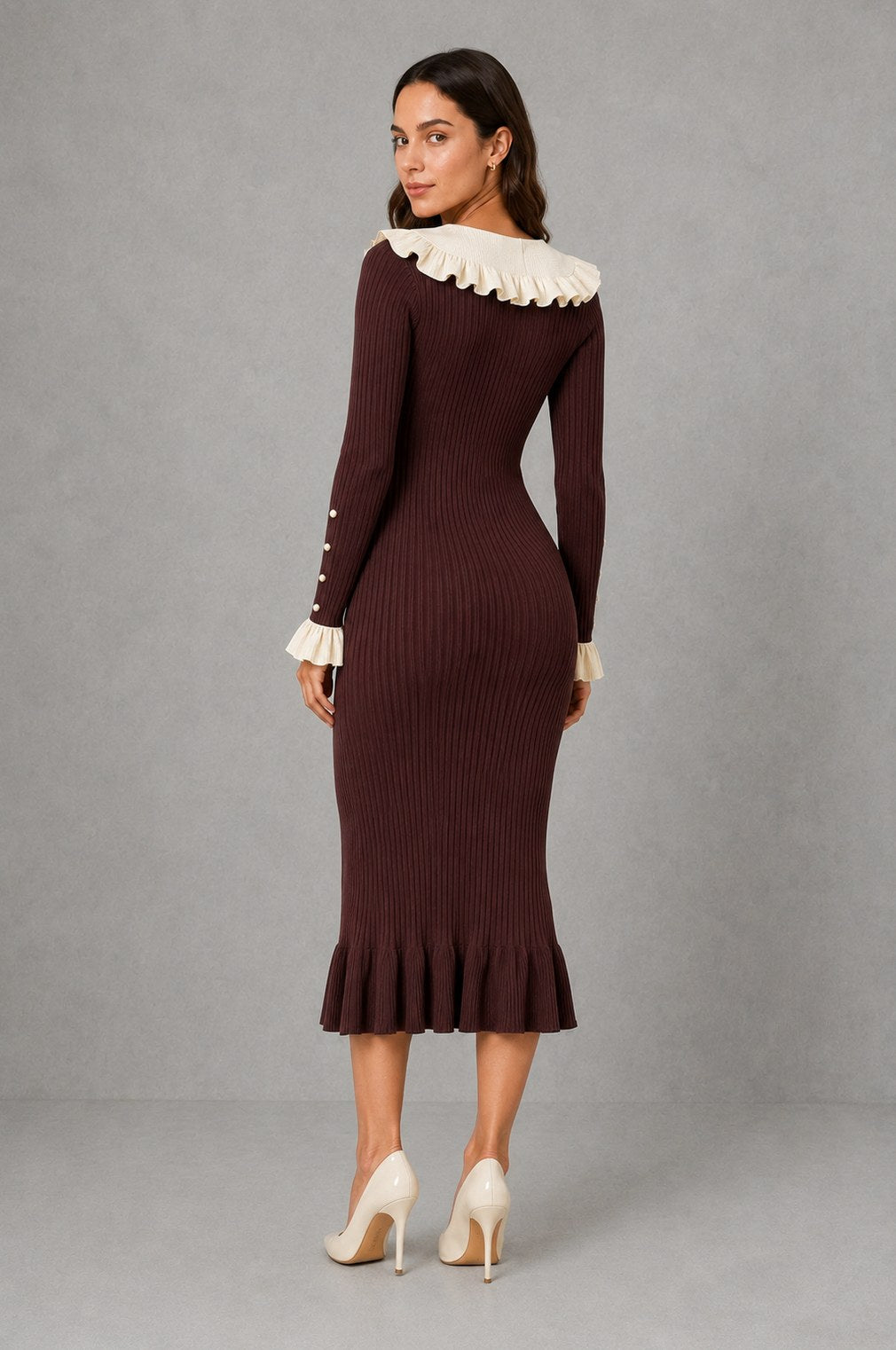 Collared midi ruffle sweater dress for women