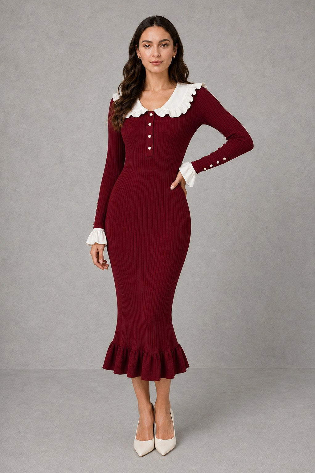 Collared midi ruffle sweater dress for women