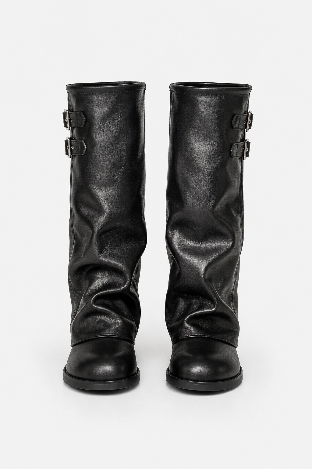 Buckled slouch knee-high biker boots for women
