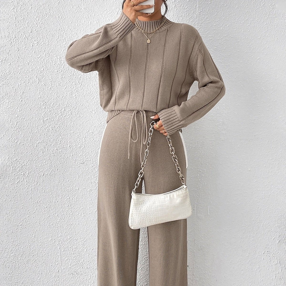 Ribbed mock-neck knit pant set in khaki for women